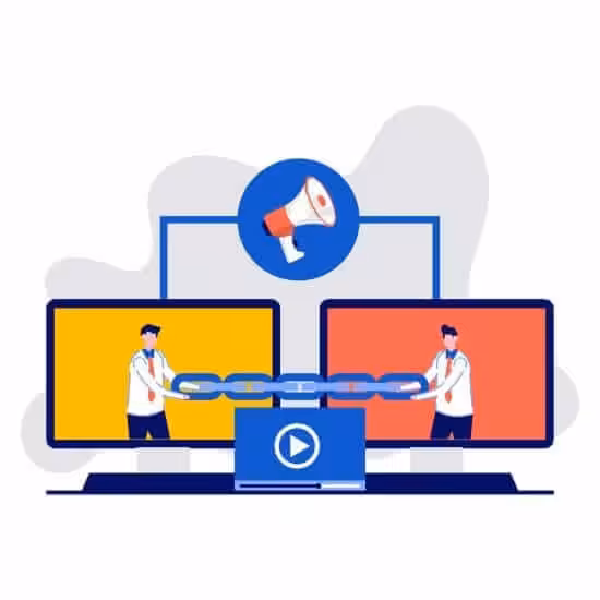 Link building, SEO, backlink strategy, inbound links, concept with characters. Two monitor are connected by a chain. Modern vector illustration in flat style for landing page, hero images