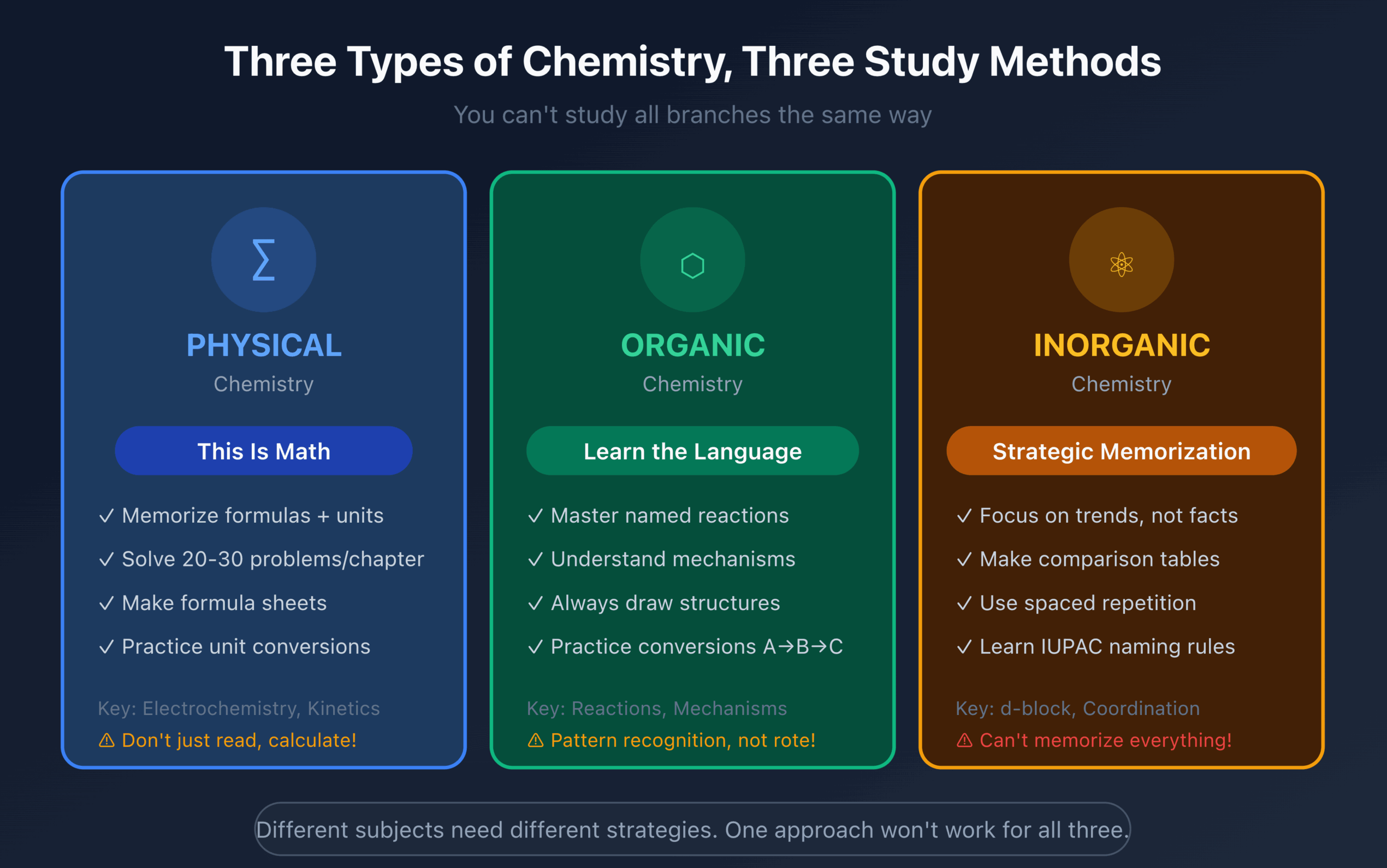 Chemistry study methods overview infographic