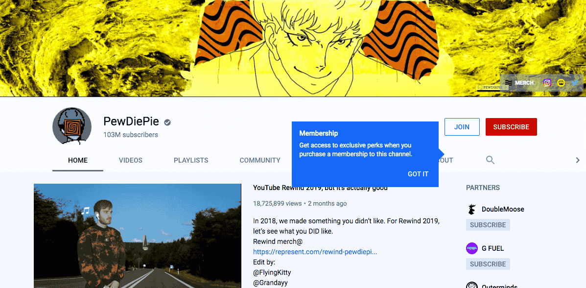 YouTube Sponsor Button for PewDiePie Channel