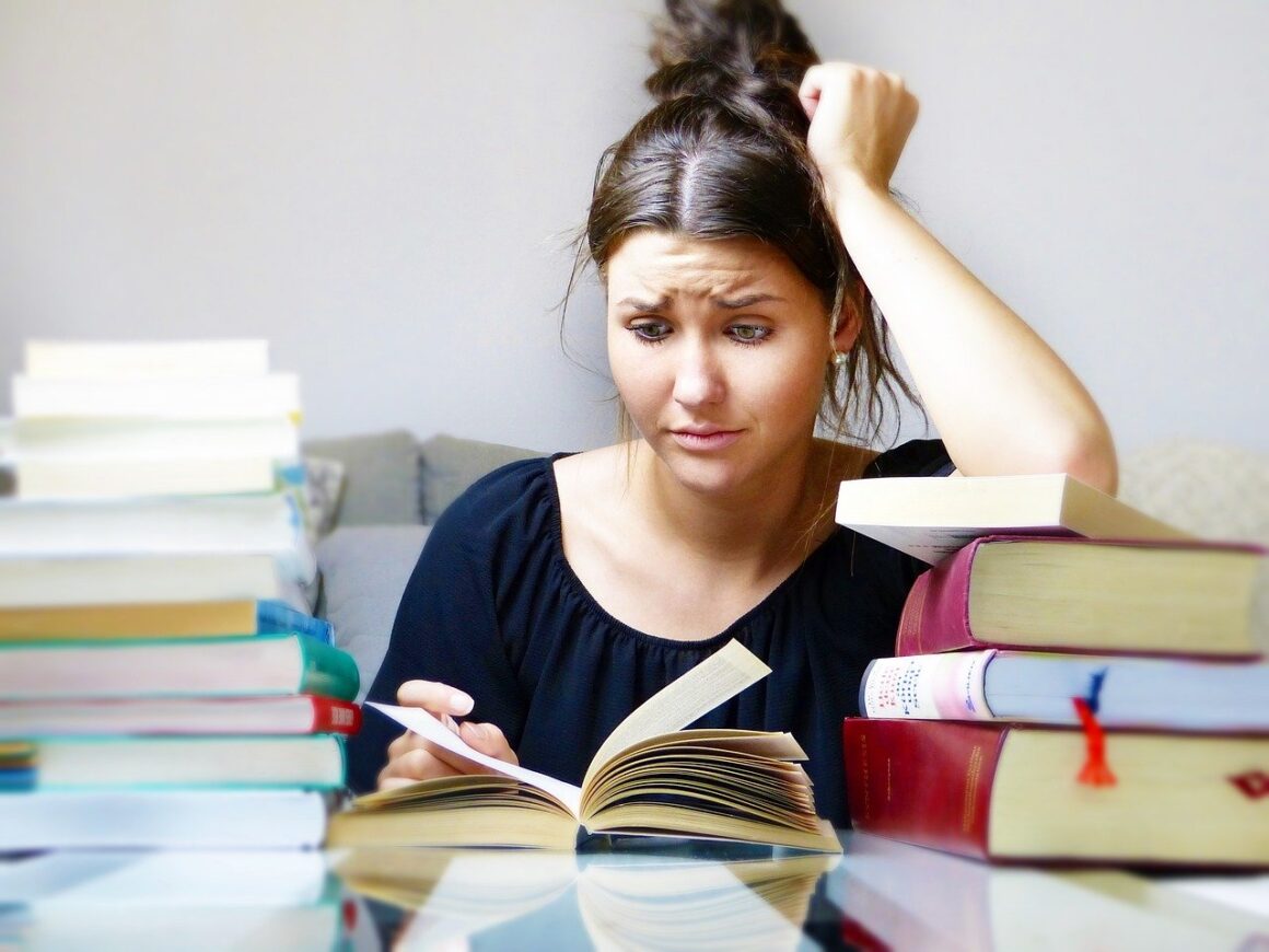 books, woman, girl, exam stress