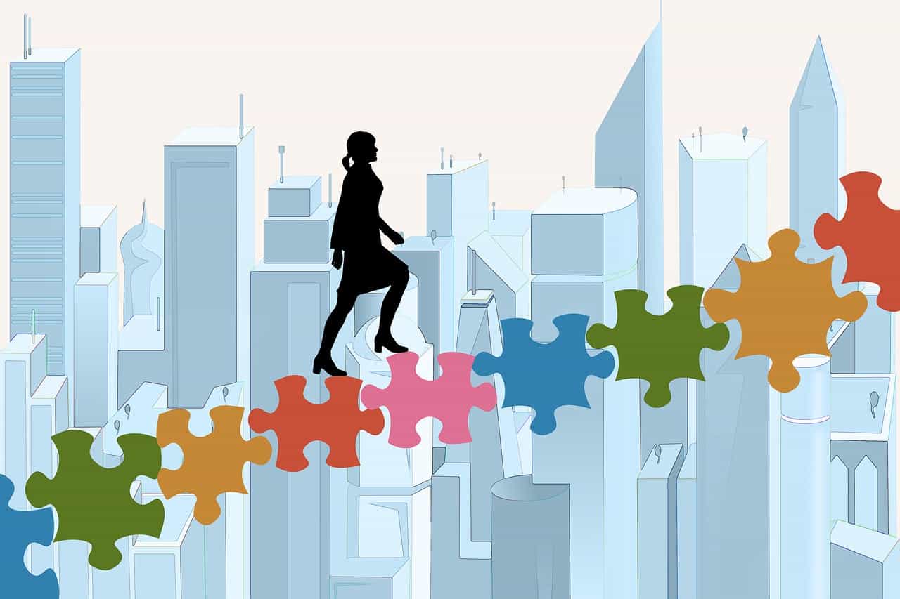 stairs, puzzle, businesswoman