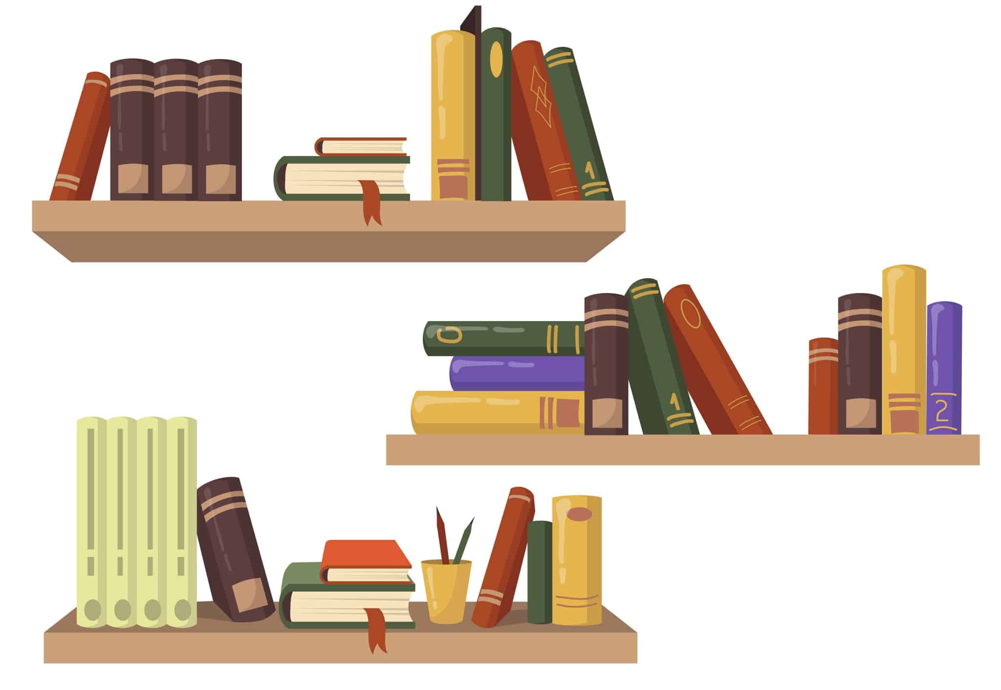 Three wooden bookshelves with various books