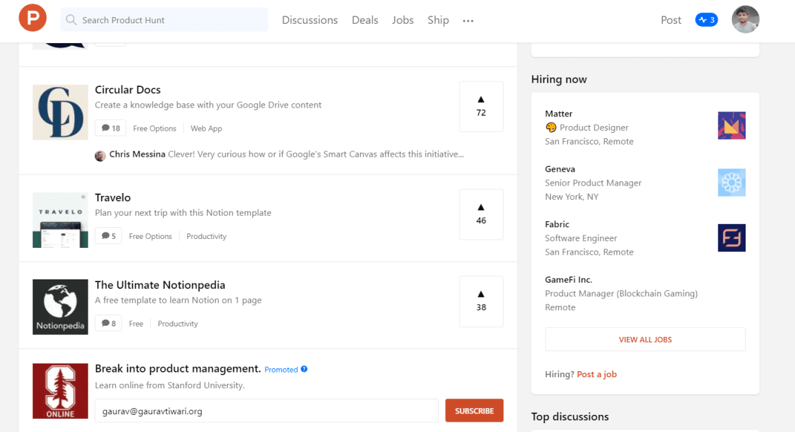 Product Hunt  Hiring Now Section for web developer jobs and others