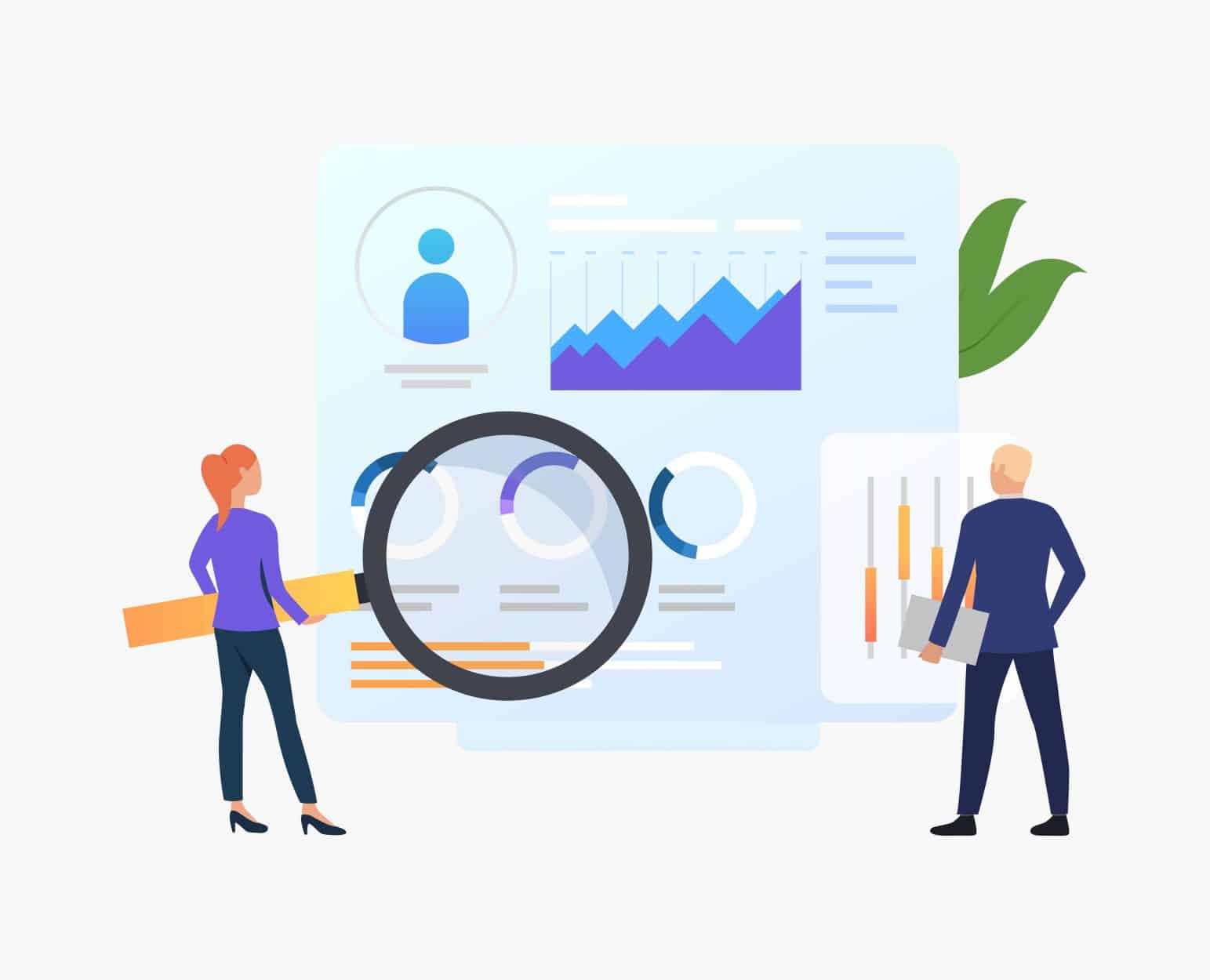 seo rank your pages better, Businesspeople with magnifying glass at charts vector illustration. Business research, analysis, audit. Marketing concept. Creative design for layouts, web pages, banners