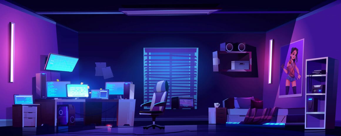 Teenager boy bedroom night interior, gamer, programmer, hacker or trader room with multiple computer monitors at work desk, unmade bed, 3d printer on shelf, placard on wall cartoon vector illustration