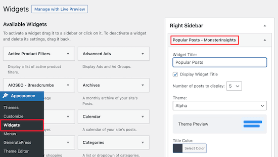 add monsterinsights popular posts widget sidebar 1