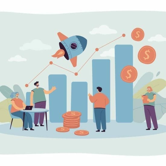 Tiny sales managers looking at growth chart flat vector illustration. Cartoon creative employees launching sales promotion or startup. Business and finance operations concept