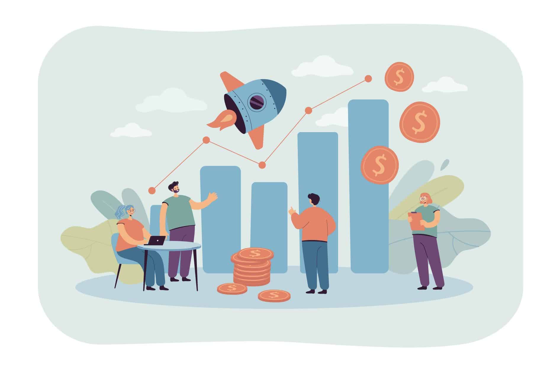 Tiny sales managers looking at growth chart flat vector illustration. Cartoon creative employees launching sales promotion or startup. Business and finance operations concept