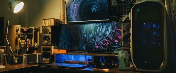 home studio with modern professional audio equipment and monitors