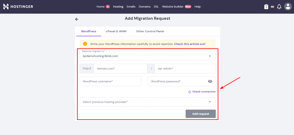 How to add migration request in hostinger hosting