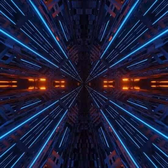 futuristic symmetry reflection abstract background with orange blue neon lights