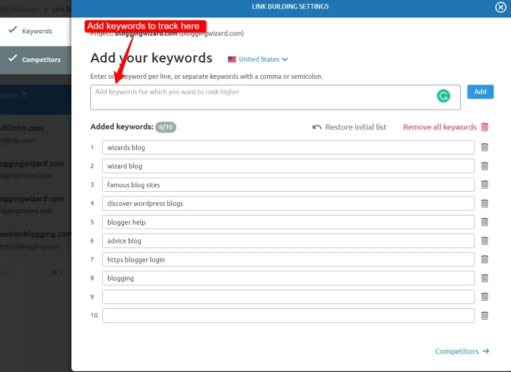 Semrush link building tool settings