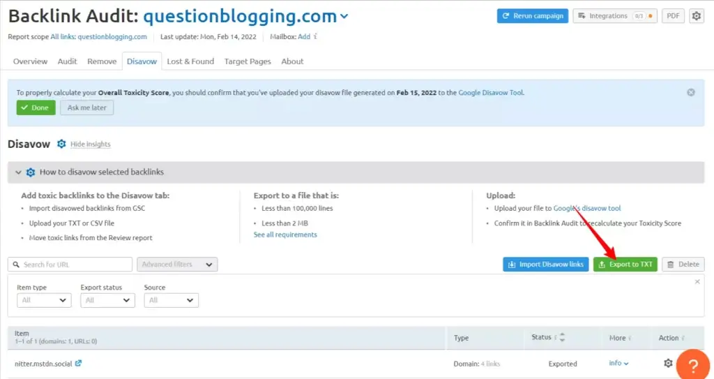Disavow list txt file Semrush