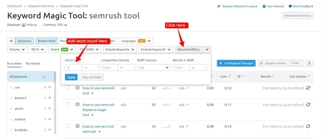 Semrush keyword magic tool word count