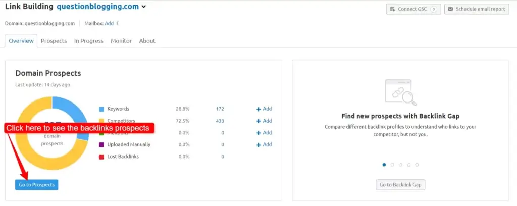 Semrush link building tool dashboard