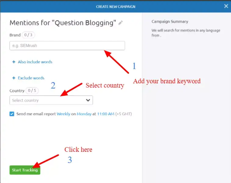 Semrush brand monitoring tool settings