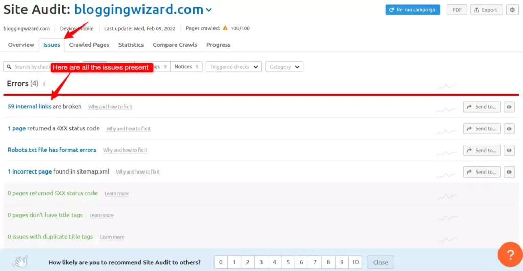 Semrush site audit tool issues tab