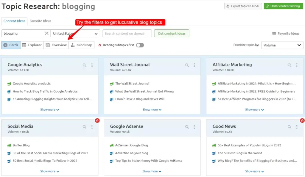 Semrush topic research tool dashboard