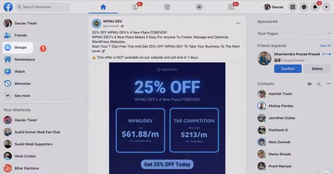 Facebook Groups in Menu