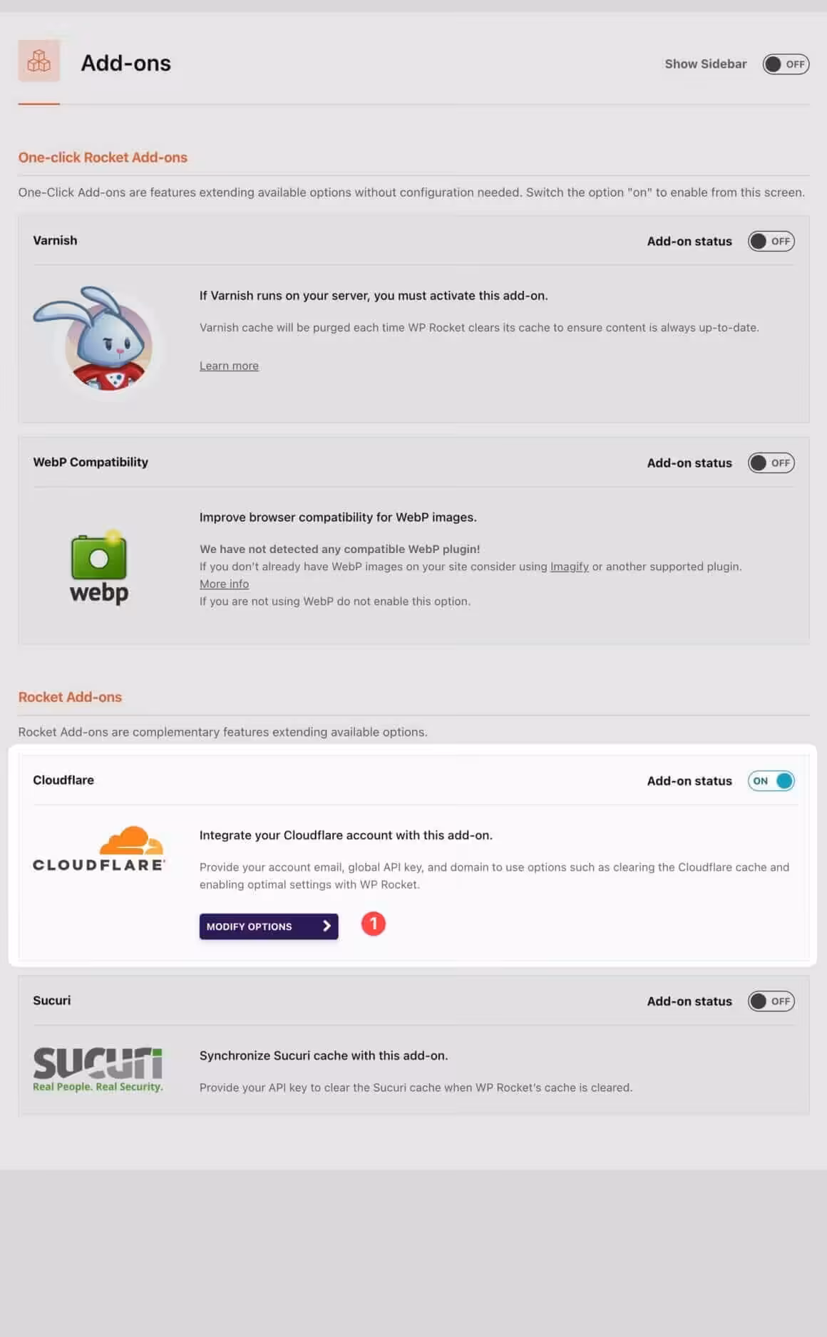 addons wp rocket settings