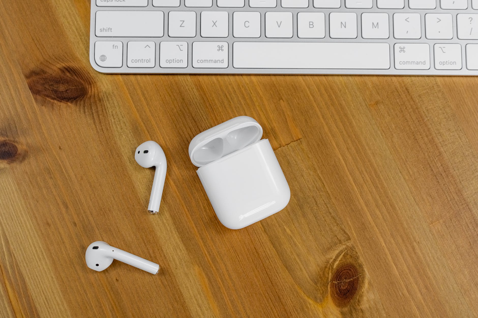 overhead shot of white airpods