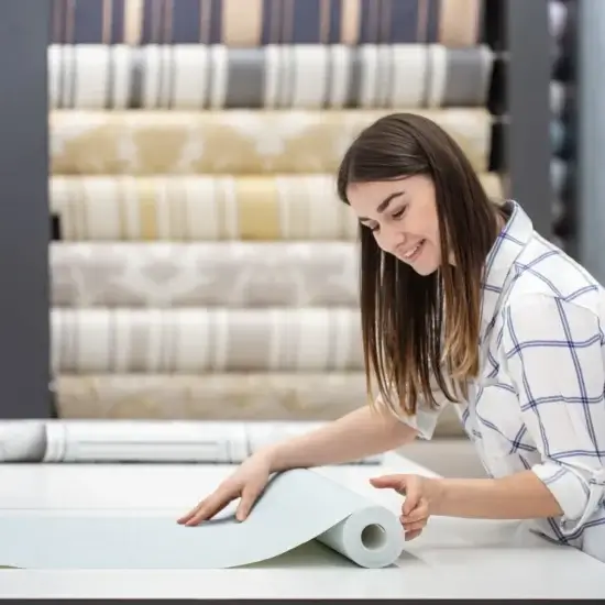 young woman store chooses wallpaper her home concept repair shopping jpg