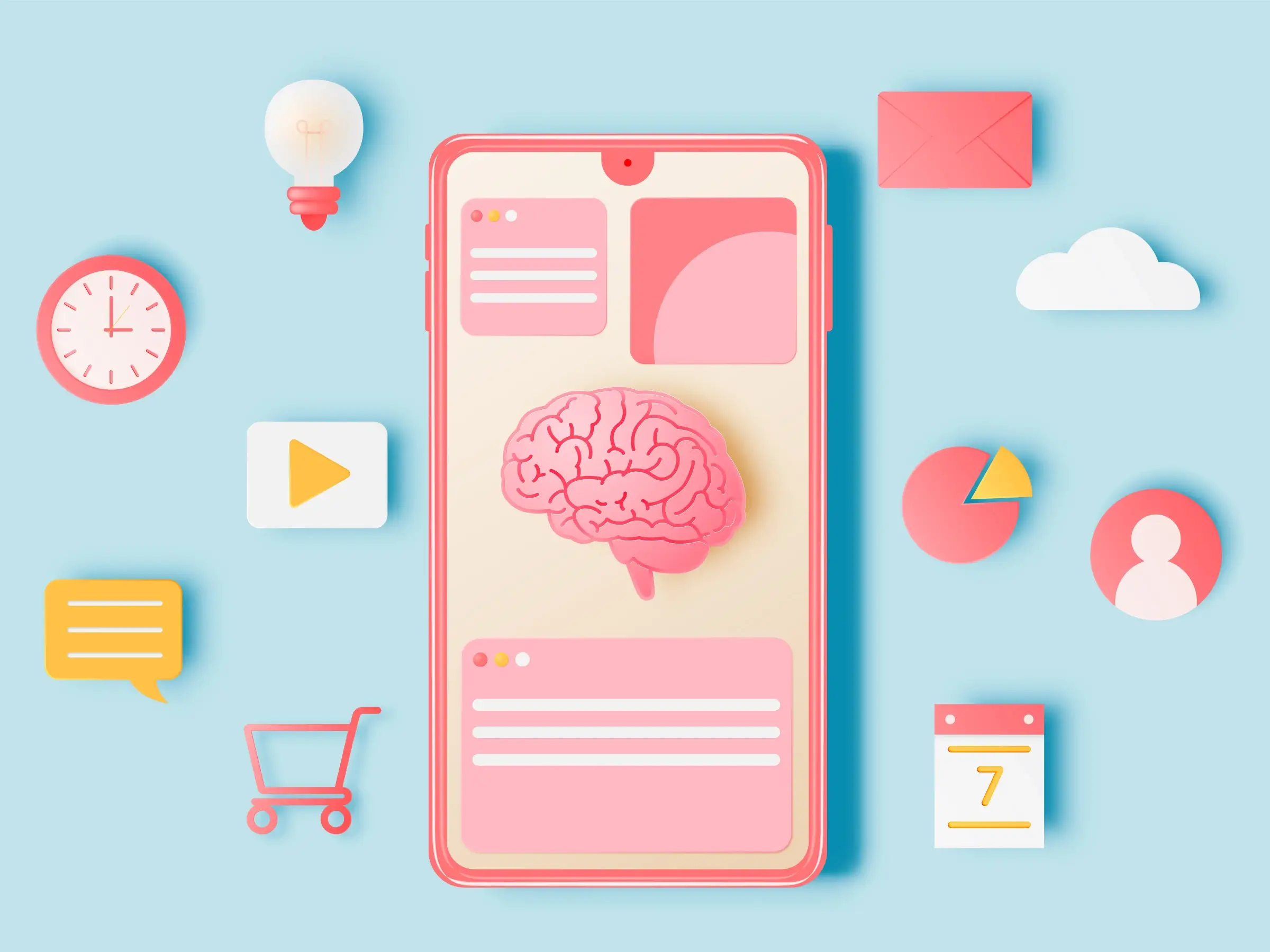 a pink cellphone with a brain on the screen