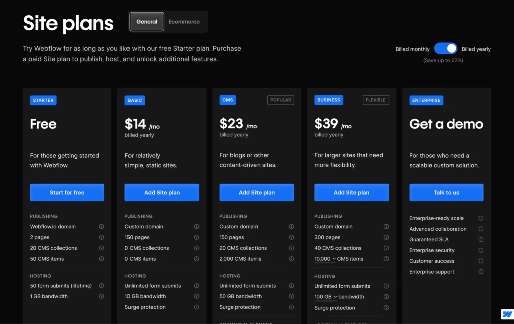 Plans pricing Webflow