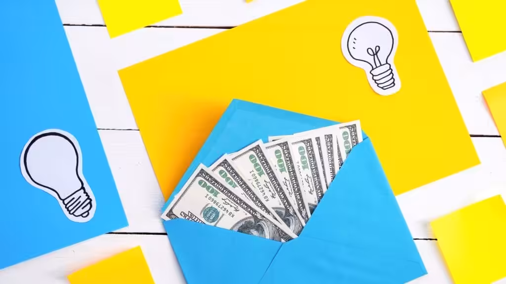 blue envelope with money with yellow blue papers icons lamp