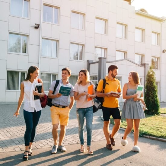 free time students bachelor s campus life rhythm five friendly students are walking