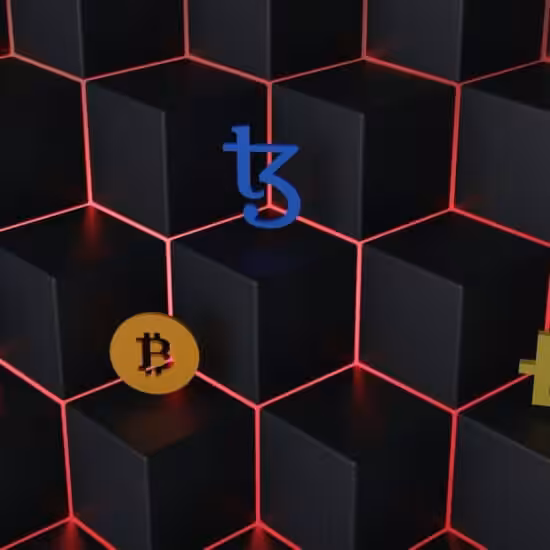 Cryptocurrency logos on hexagonal background
