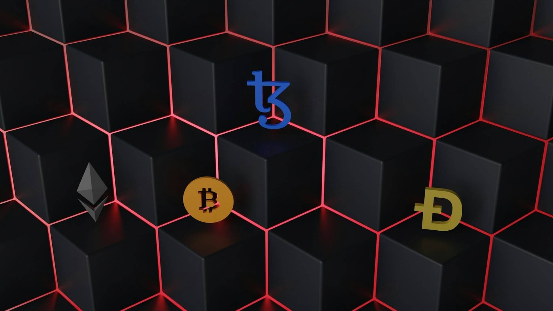 Cryptocurrency logos on hexagonal background