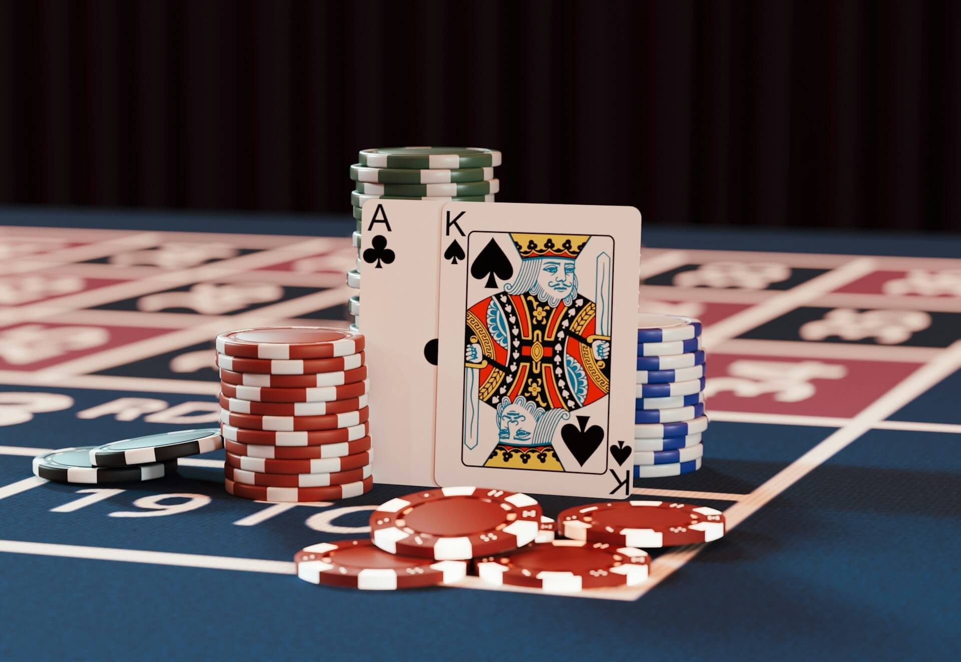 a casino table with poker chips and playing cards