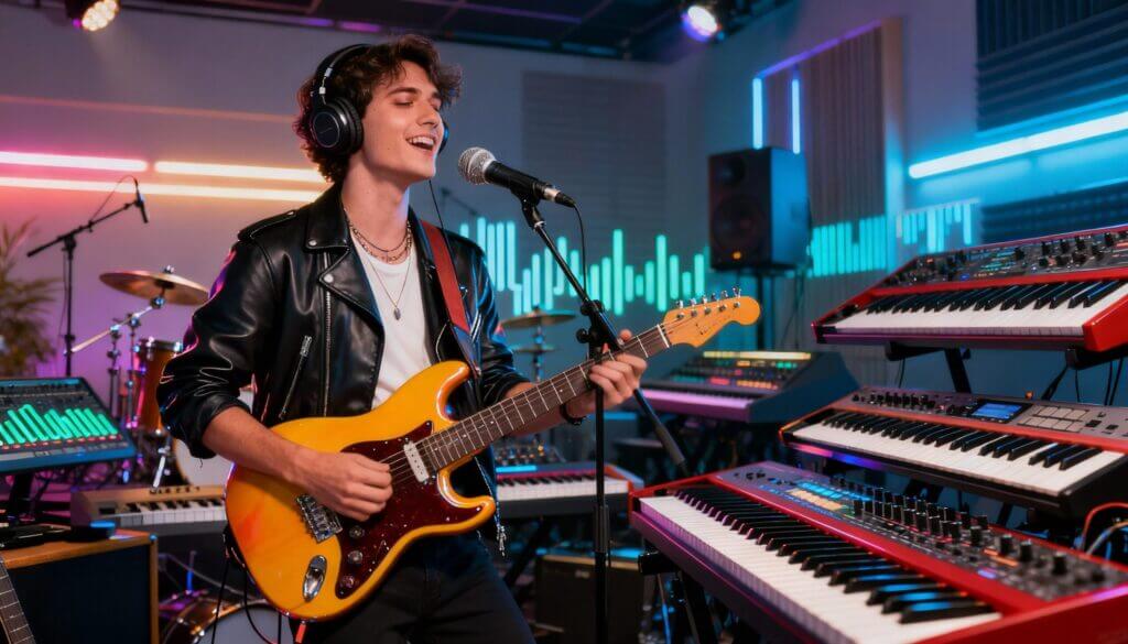 AI Music Creation compose upbeat synth pop track with catchy melody and tight percussion