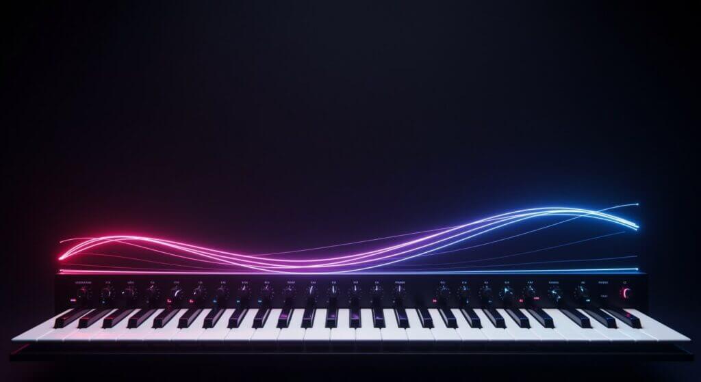 AI Music Creation generate layered electronic beats with pulsing bass and shimmering arpeggios