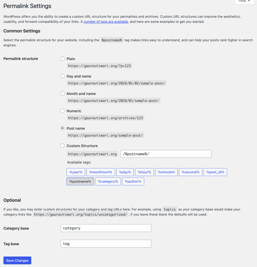WordPress permalink settings interface screenshot