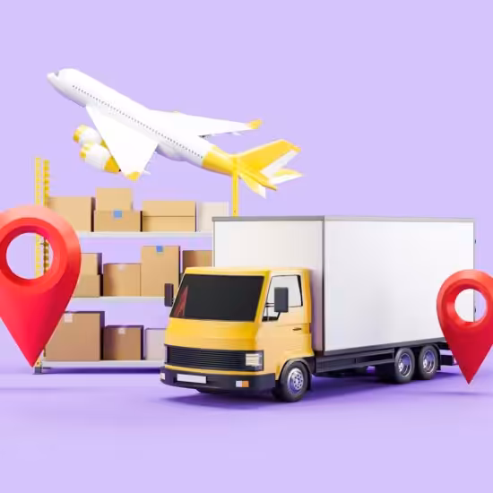 delivery service and cardboard box on shelf purple background airplane and van